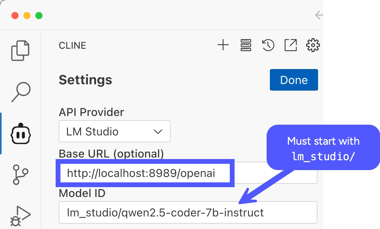 Cline settings for LM Studio
